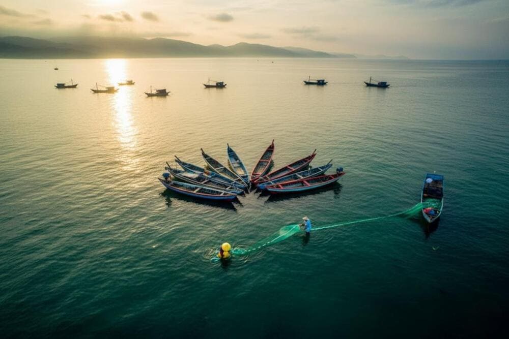 Từ g&oacute;c nh&igrave;n tr&ecirc;n cao, những chiếc thuyền của ngư d&acirc;n tr&ecirc;n đầm &Ocirc; Loan hiện l&ecirc;n như những c&aacute;nh hoa đang bung nở giữa mặt nước phẳng lặng